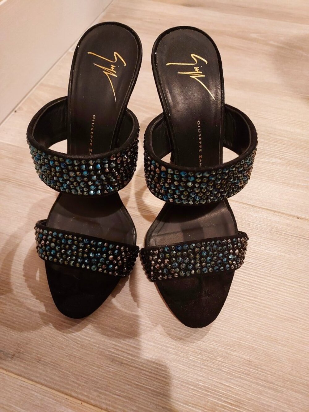 Giuseppe Zanotti mule heels black with blue crystals